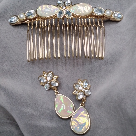 Gold opal hair comb teardrop earring jewelry set - Picture 8 of 12